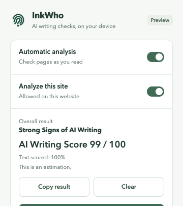 Actual InkWho extension menu showing the overall AI Writing Score, verdict and text coverage.