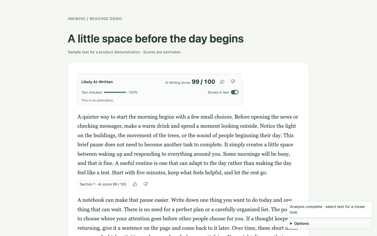 Actual InkWho beta showing an overall AI Writing Score, text coverage, section scores and thumb feedback beside a demonstration article.